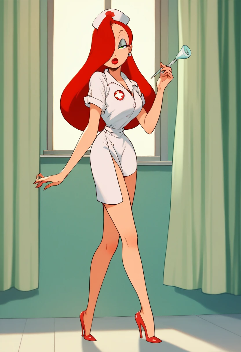 score_9, score_8_up, score_7_up, score_6_up, score_5_up, score_4_up, BREAK, source_anime, 1girl, red hair, long hair, hair over one eye, green eyes, lipstick, makeup, earrings, jessicanurse, nurse, nurse cap, miniskirt, high heels