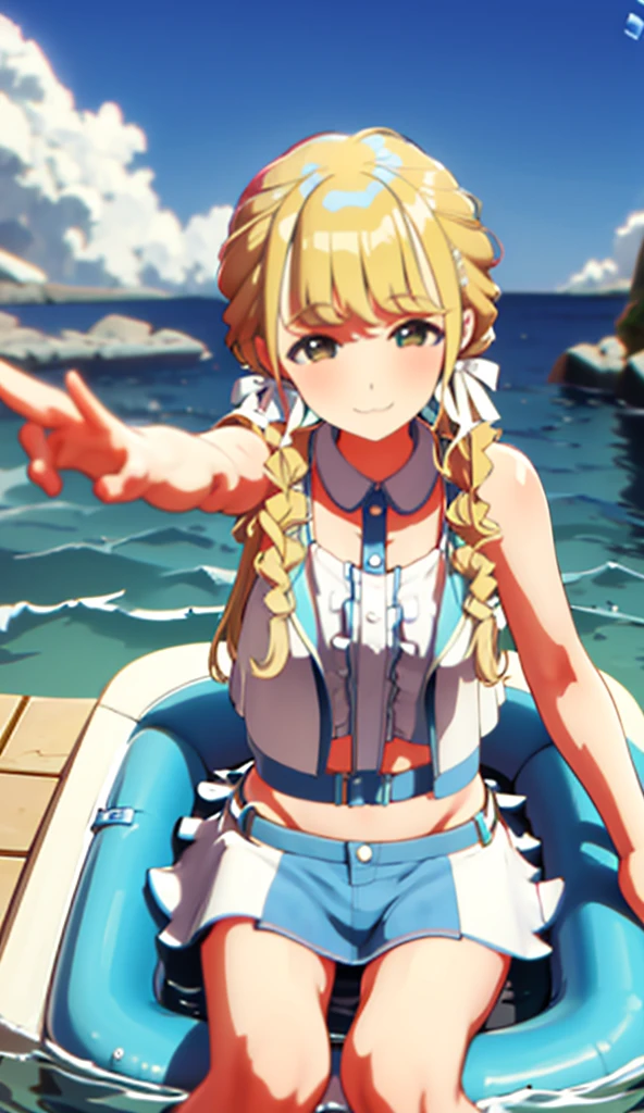 Blonde, sitting on a swim ring on the sea, wearing a bikini, cute smile, arms outstretched, splashing water, flushed cheeks, side view, close-up, wearing a bikini
