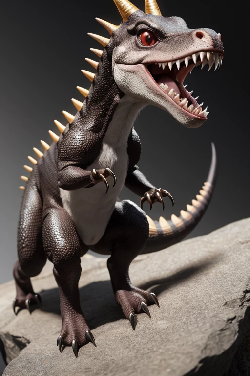 A new species of small but fierce dinosaur with huge teeth and huge claws, it also has a long tail with a rock on the tip and a very sharp horn on its head and it has 4 legs