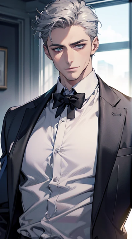 (best quality,4k,8k,highres,masterpiece:1.2),ultra-detailed,(realistic,photorealistic,photo-realistic:1.37),1 man,31 years old,mature man,very handsome,without expression,smile,short grey silver hair,blue eyes,penetrating gaze,perfect face without errors,imposing posture,businessman,office background,cinematic lighting,hdr image