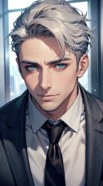 (best quality,4k,8k,highres,masterpiece:1.2),ultra-detailed,(realistic,photorealistic,photo-realistic:1.37),1 man,31 years old,mature man,very handsome,without expression,smile,short grey silver hair,blue eyes,penetrating gaze,perfect face without errors,imposing posture,businessman,office background,cinematic lighting,hdr image