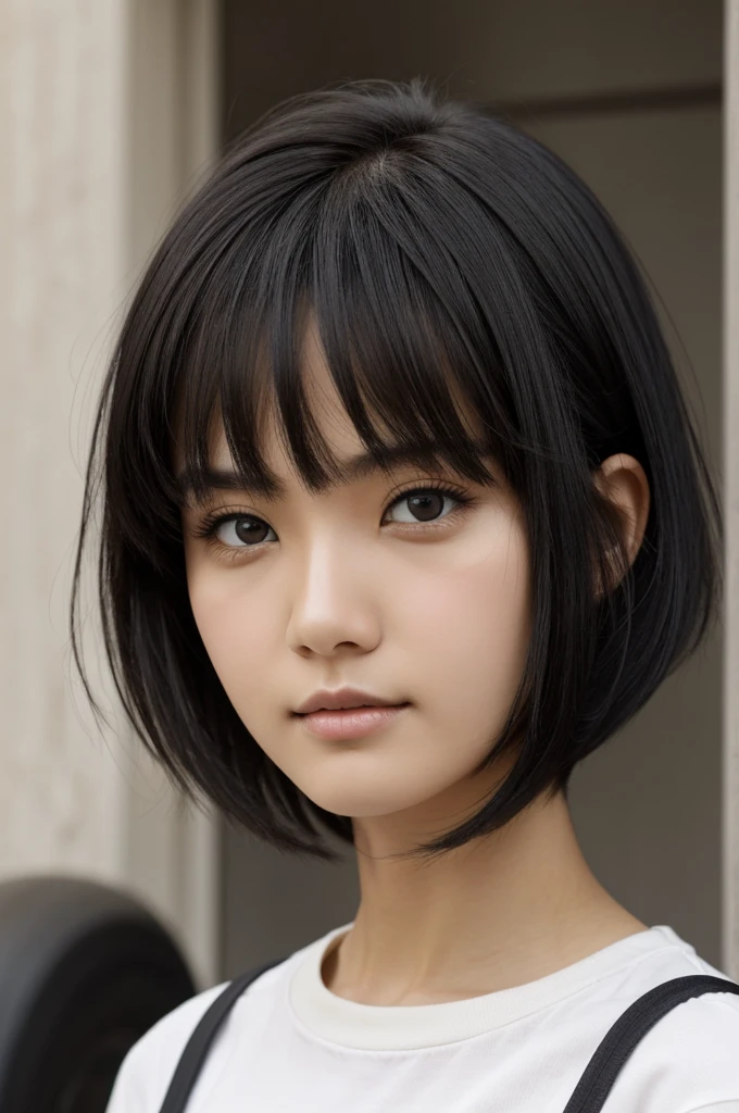 white skin man, short black hair, brown and simple eyes
