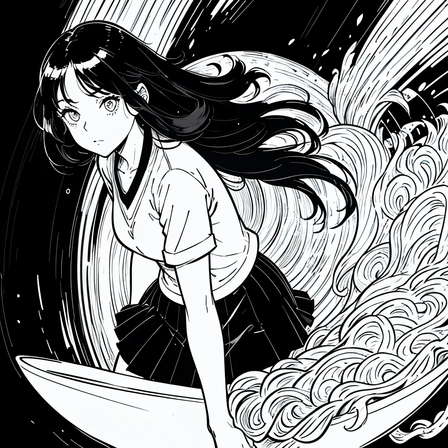 woman with long black hair, black skirt, black background, rough expressive lines, expressive lines, Dark lines, Tight lines, strong linework, masterpiece, best quality, very good, very delicate and beautiful, Black and white cartoons, Draw black and white lines, hand drawn, character focus, very good, I fall in love with a big bowl of ramen