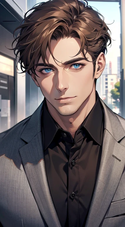 (best quality,4k,8k,highres,masterpiece:1.2),ultra-detailed,(realistic,photorealistic,photo-realistic:1.37),1 man,31 years old,mature man,very handsome,without expression,smile,short grey brown hair,blue eyes,penetrating gaze,perfect face without errors,imposing posture,businessman,office background,cinematic lighting,hdr image