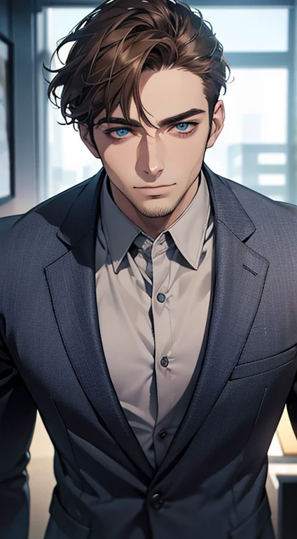 (best quality,4k,8k,highres,masterpiece:1.2),ultra-detailed,(realistic,photorealistic,photo-realistic:1.37),1 man,31 years old,mature man,very handsome,without expression,smile,short grey brown hair,blue eyes,penetrating gaze,perfect face without errors,imposing posture,businessman,office background,cinematic lighting,hdr image