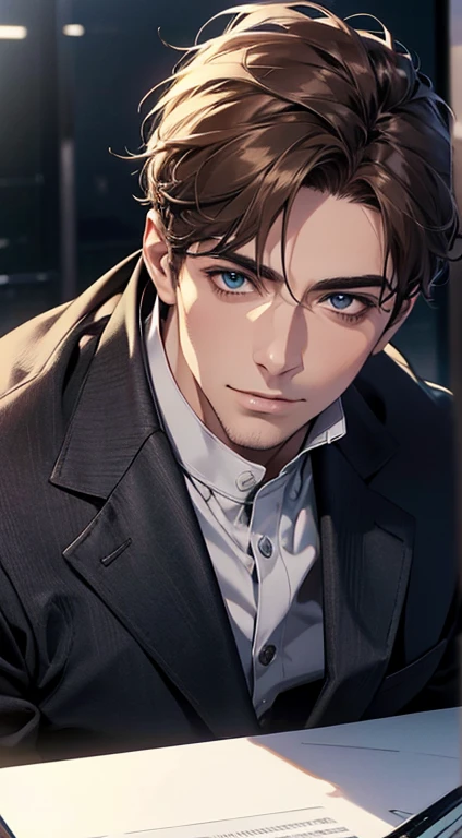 (best quality,4k,8k,highres,masterpiece:1.2),ultra-detailed,(realistic,photorealistic,photo-realistic:1.37),1 man,31 years old,mature man,very handsome,without expression,smile,short grey brown hair,blue eyes,penetrating gaze,perfect face without errors,imposing posture,businessman,office background,cinematic lighting,hdr image