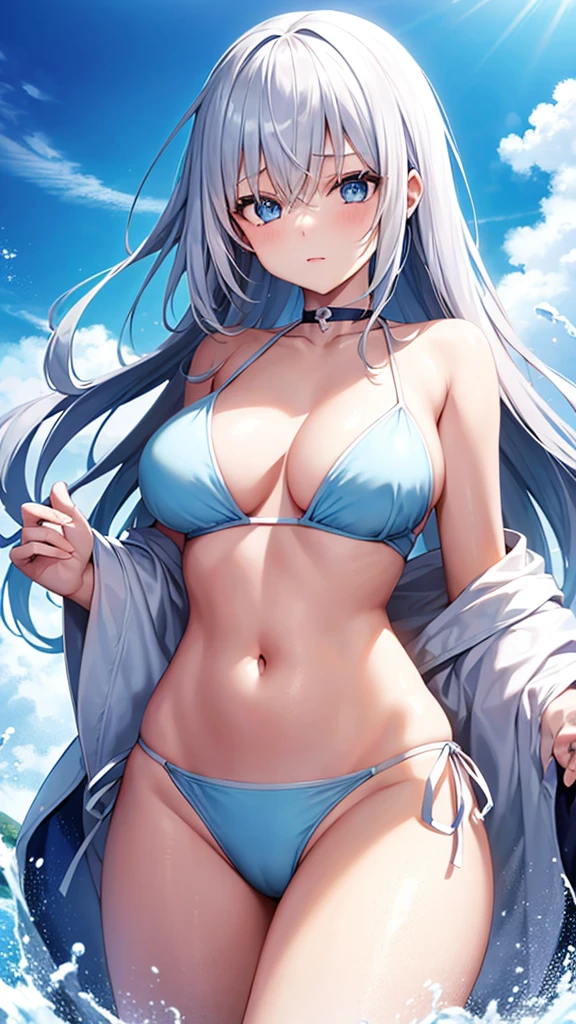 anime girl with silver hair, blue eyes, bikini, Covered in white fluid on the body