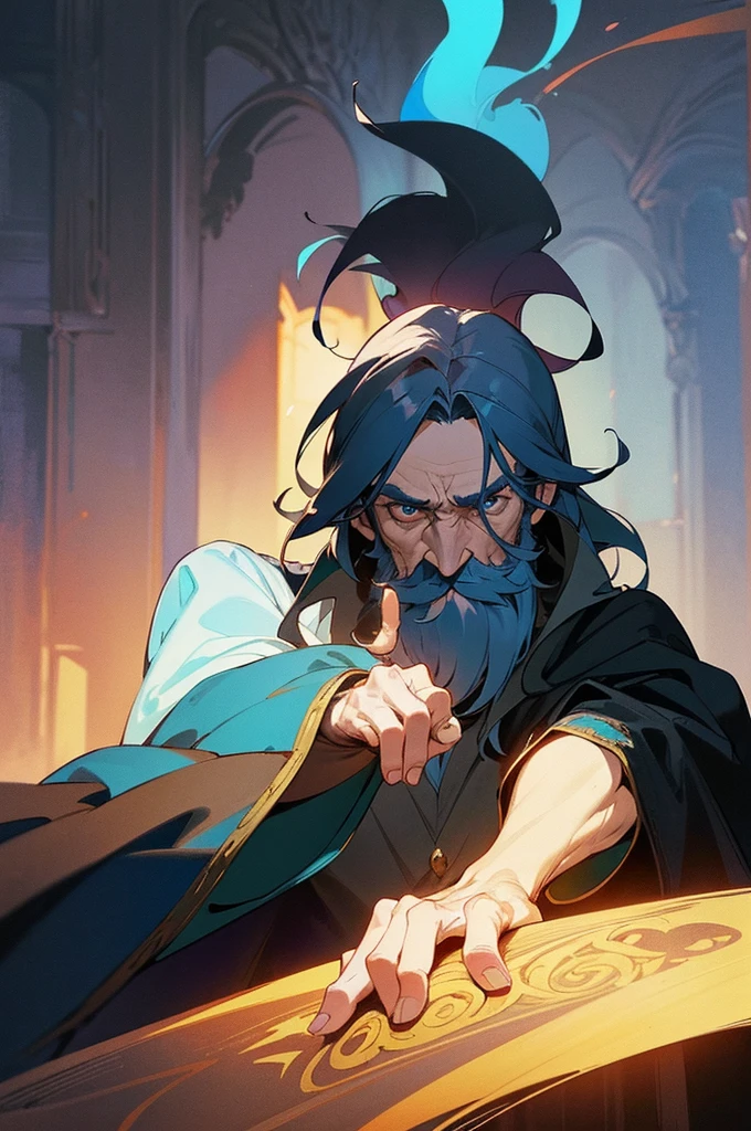 An old man wearing a black cloak, his hand is outstretched, over his hand floats a handful of magical blue flame, the old man has a long beard and a mysterious and mischievous look. Interior of a mansion, Fantasy world. ((best qualityer)), ((work of art)), (detailded)) ((anime styling))
