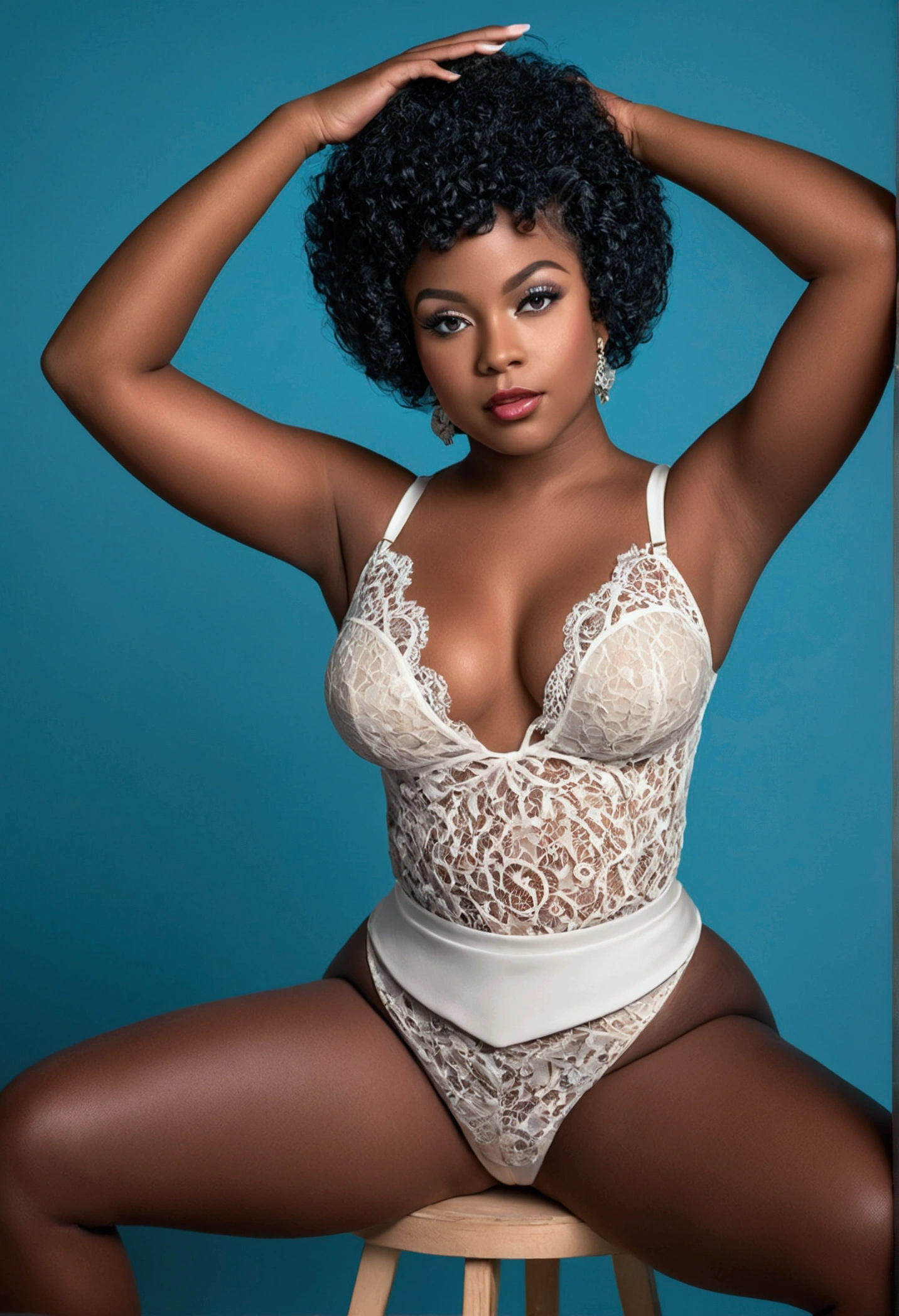 Feminine girl, short black afro hair, dark skin, curvy model (hips, buttocks), perfect anatomy (perfect hands and face), photo studio (lace clothes), professional photography, sitting, blue background, makeup, lights, close up focus, curvy model, real, skin texture, canon camera focus, RAW photo