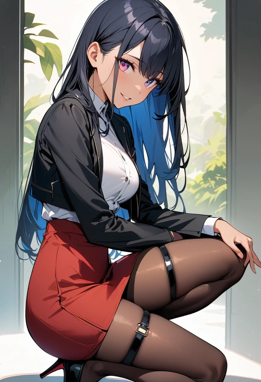 Cute Elf Girl。The outfit is a see-through blouse and ribbon tie.、Wearing a tight mini skirt。Wearing shiny stockings、Wearing high heels。Girl sitting。