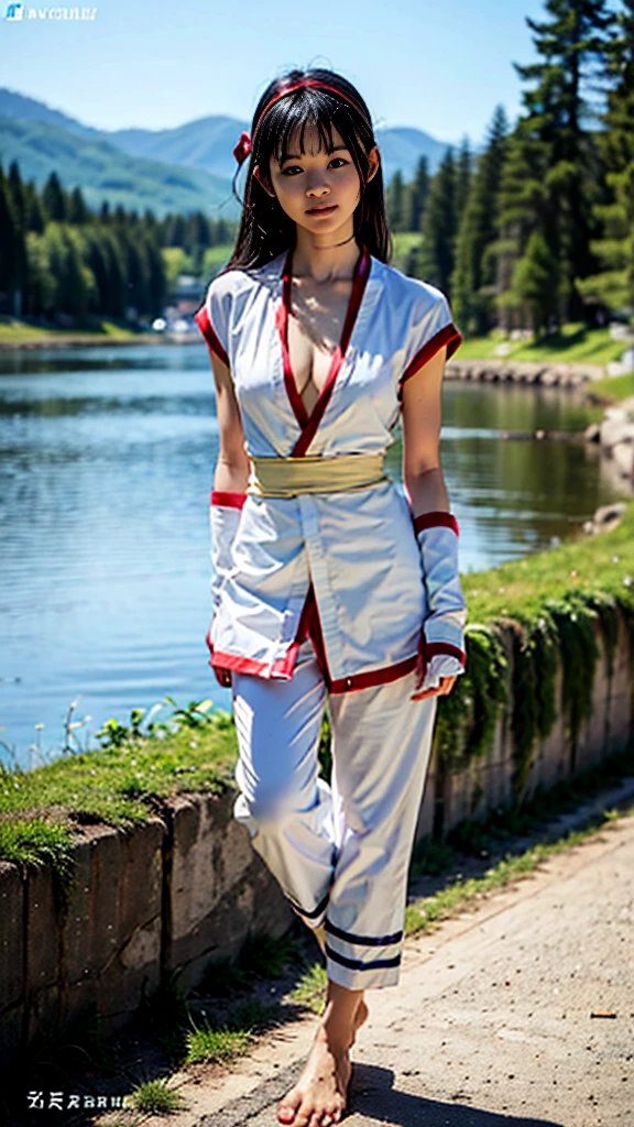 (masterpiece, best quality:1.2), (8k uhd, 16k, 32k, ultra high res), Standing, poised by the shining lakeside water with a view of the castle, elf, , skinny body, flat chest, 1 girl, Clear stream deep in the mountains、drop down、bathing、confused, light smile, official art,赤いbow, bow, hair length, hair ribbon, wet clothes、wet skin、Ainu costume, solo, hair band, bird, black haired, Fingerless gloves, short sleeve, gloves, pants, bangs, 赤いhair band, brown eyes, 白いpants, generally, (small breasts、chest exposure、barefootで、barefoot:1.5)、dramatic light and shadow、solar flare、Lens flare、blurred foreground、(movie lighting)、soft lighting、dynamic english、movie lighting、dynamic angle