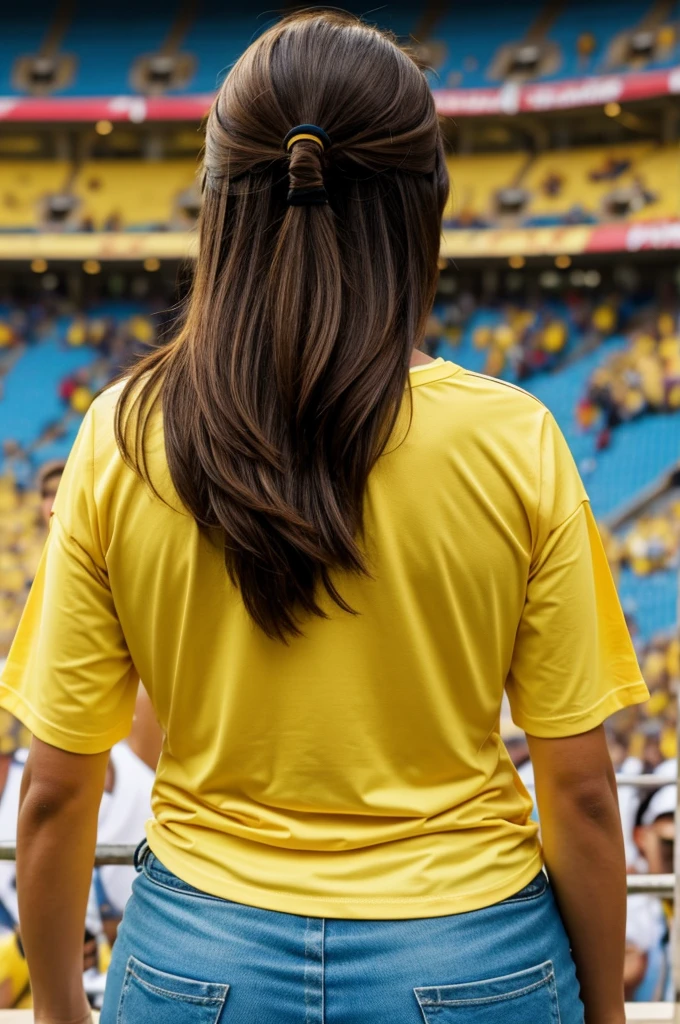 Cartoon woman from behind watching Colombia match with Colombian team shirt dark brown hair with name Guisella number 10 and with beer in her hand