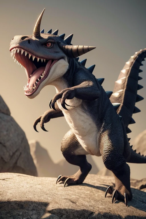 A new species of small but fierce dinosaur with huge teeth and huge claws, it also has a long tail with a rock on the tip and a very sharp horn on its head and it is quadrupedal and wears its entire head. 