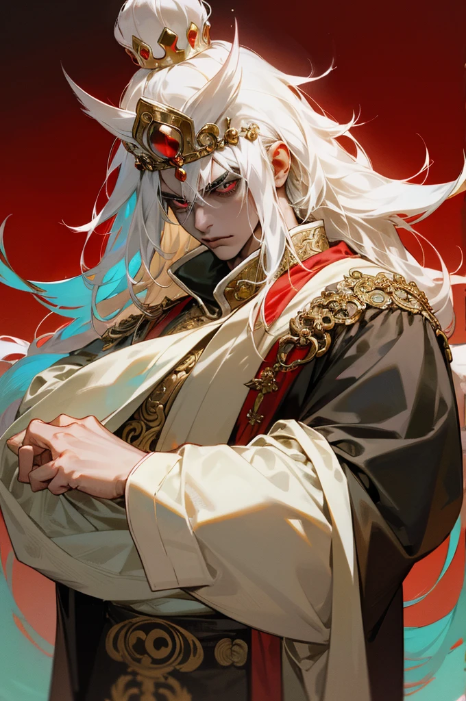 regal anime king with striking white hair cascading down to his shoulders and piercing red eyes that glow with intensity, positioned on a grand, ornate throne, lavish jade crown resting on his brow, opulent royal robes wrapped around his strong frame, dimly lit regal chamber, ultra detailed, high contrast, digital render, vivid colors, dramatic lighting.