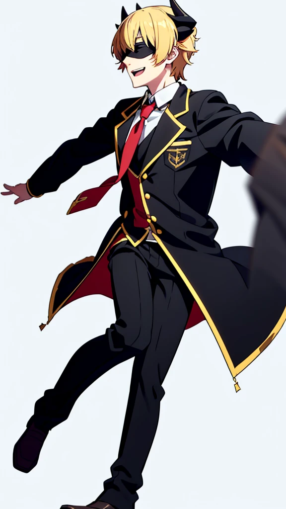 1boy,18s,short hair,blonde hair,smile,solo,(no background, simple background),red necktie,black jacket, blazer,long sleeves,pants,horns,black Blindfold,open mouth,smile,profile