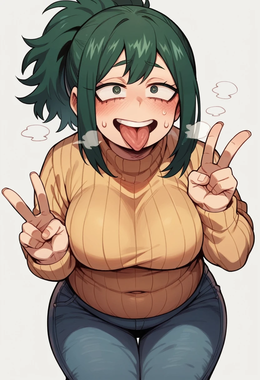 Anime Screenshot, chubby, milf, shy, pudgy face, large round eyes, dark green hair, ponytail, sweater, peace signs, sticking tongue out of mouth, sweating, nervous smile, slightly open mouth, huffing breath, wearing jeans, My Hero Academia style