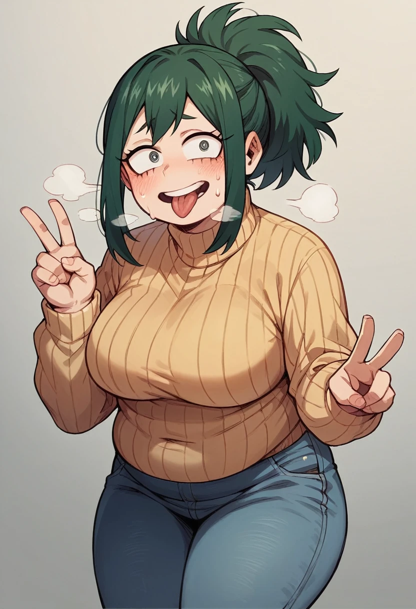 Anime Screenshot, chubby, milf, shy, pudgy face, large round eyes, dark green hair, ponytail, sweater, peace signs, sticking tongue out of mouth, sweating, nervous smile, slightly open mouth, huffing breath, wearing jeans, My Hero Academia style