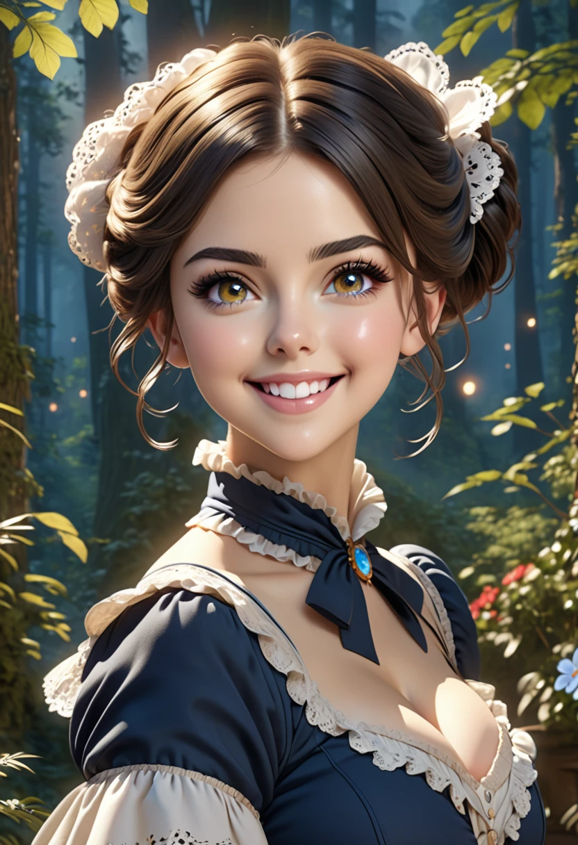 masterpiece, best quality, highly detailed, 1girl, solo, Victorian governess, choker, , looking at viewer, smile, blush, Wide Smile, Eyes Detailed & Wide, sexy Pose. Black hair, tight bouncy jet black ringlets of hair tied in a messy bun., Ultra HD, Rococo-Inspired Fantasy Art With Intricate Details. Cute, Charming Expression, Alluring-Gaze, looking at viewer Beautiful Eyes, An-Ideal-Figure. Large Youthful Well-Shaped-Breasts, Massive-Round-Bosom, Décolletage. slim waist, fit body, full lipsWarm lights , woman in a dreamy forest at night, with fluffy hair, delicate face, realistic, real, slim, large aperture, sexy shots, attractive poses,Stunnin gly beautiful merge of Alison Brie, Scarlett Johanson, Selena Gomez, symmetrical face, photorealistic, photography, path tracing, specular lighting, volumetric face light, path traced hairmaximum quality{(masutepiece) (8K High Resolution) (top-quality) In the style of breath of the wild.