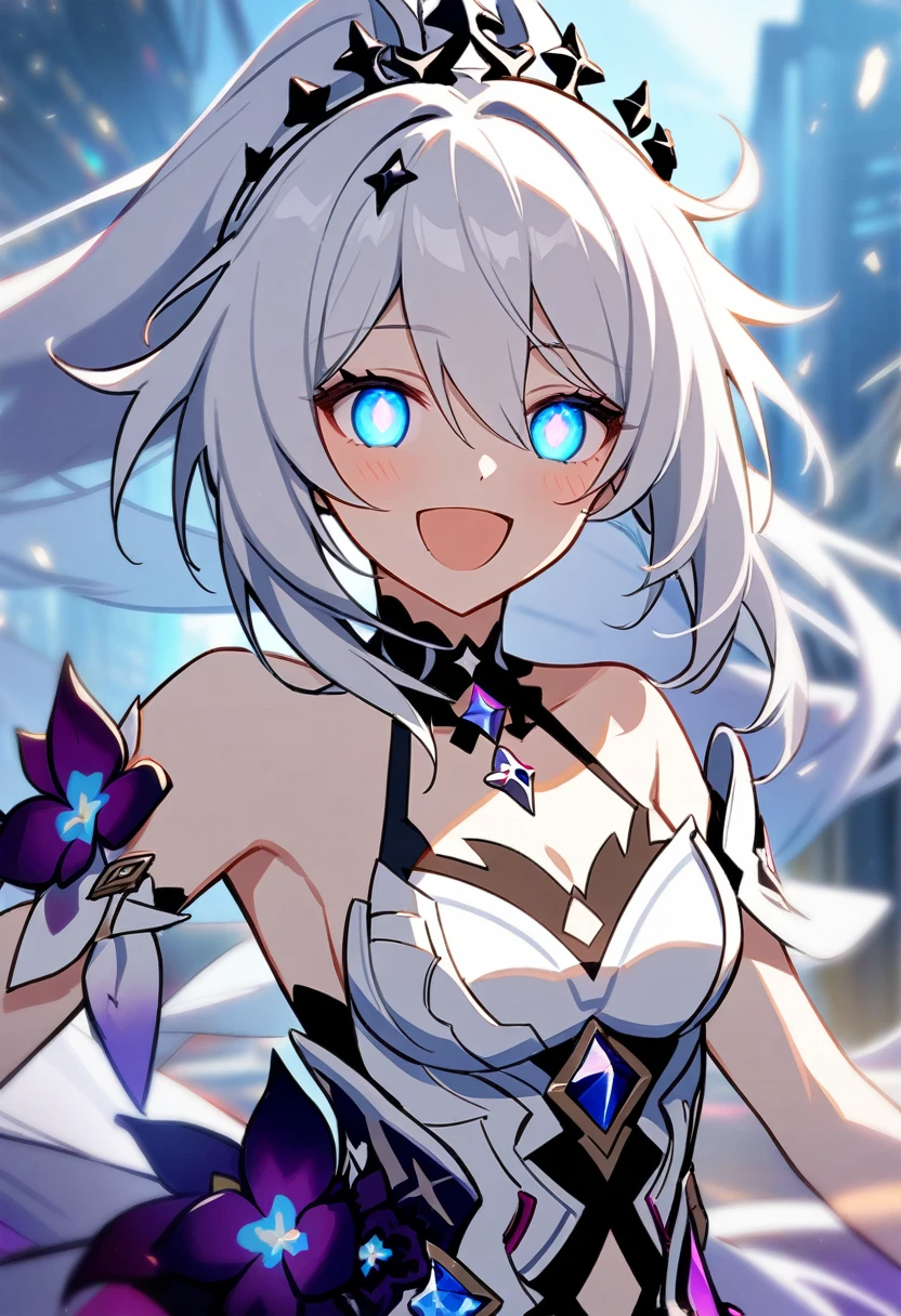 1girl, Kiana Kaslana \(Herrscher of Finality), Honkai Impact 3rd, ponytail, glowing eyes, happy, smile