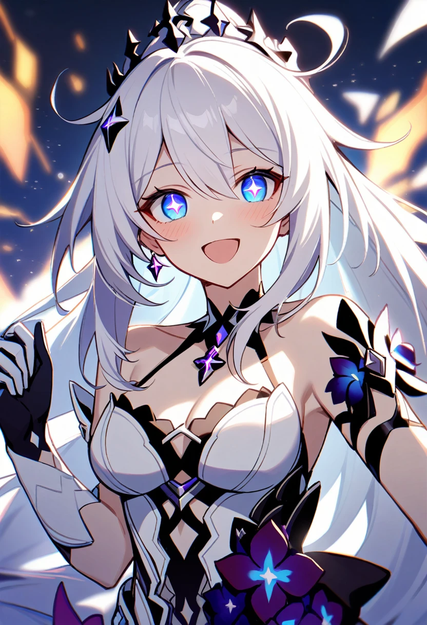 1girl, Kiana Kaslana \(Herrscher of Finality), Honkai Impact 3rd, ponytail, glowing eyes, happy, smile
