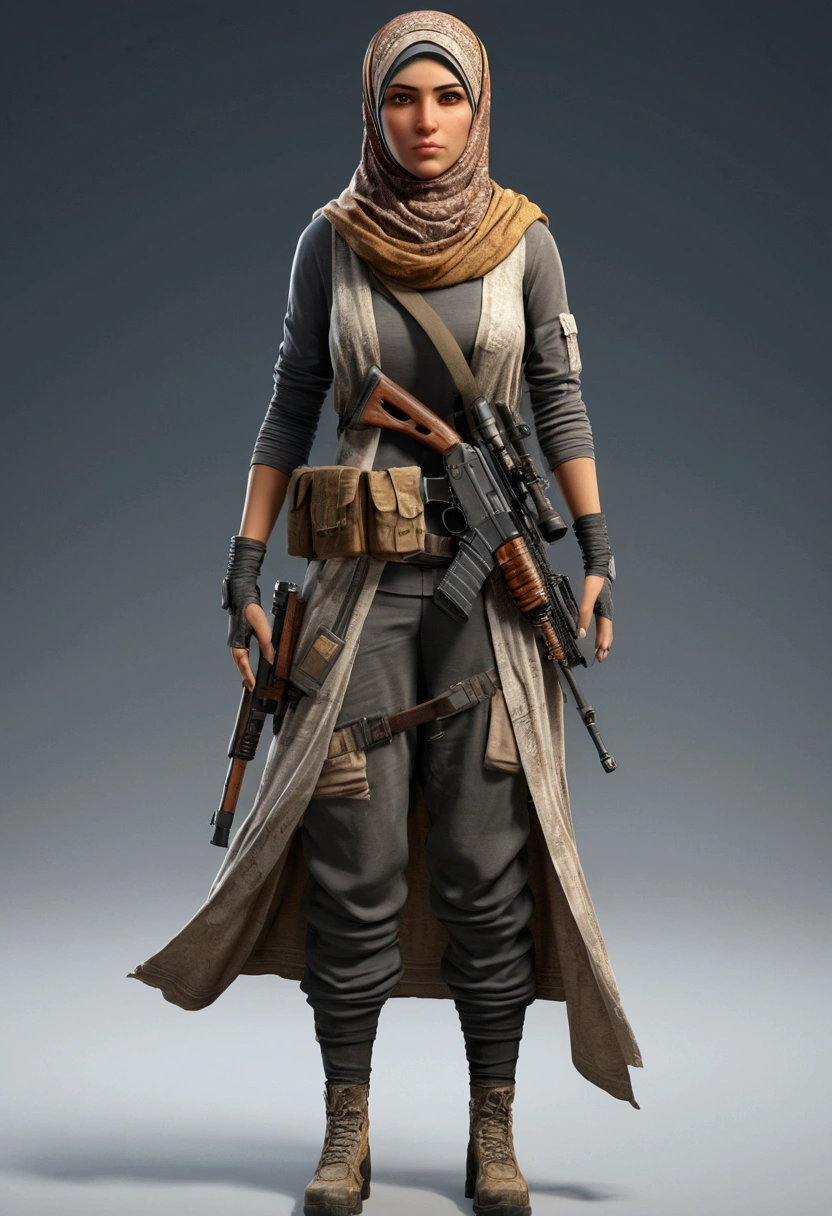 Full body turnaround of young female sniper game character wearing Islamic hijab with post apocalyptical worn clothing made of scraps and old fabric with beautiful face featuring detailed front and back views, Highly detailed, , and smooth digital illustration with sharp focus, 4K UHD image , by unreal engine 4