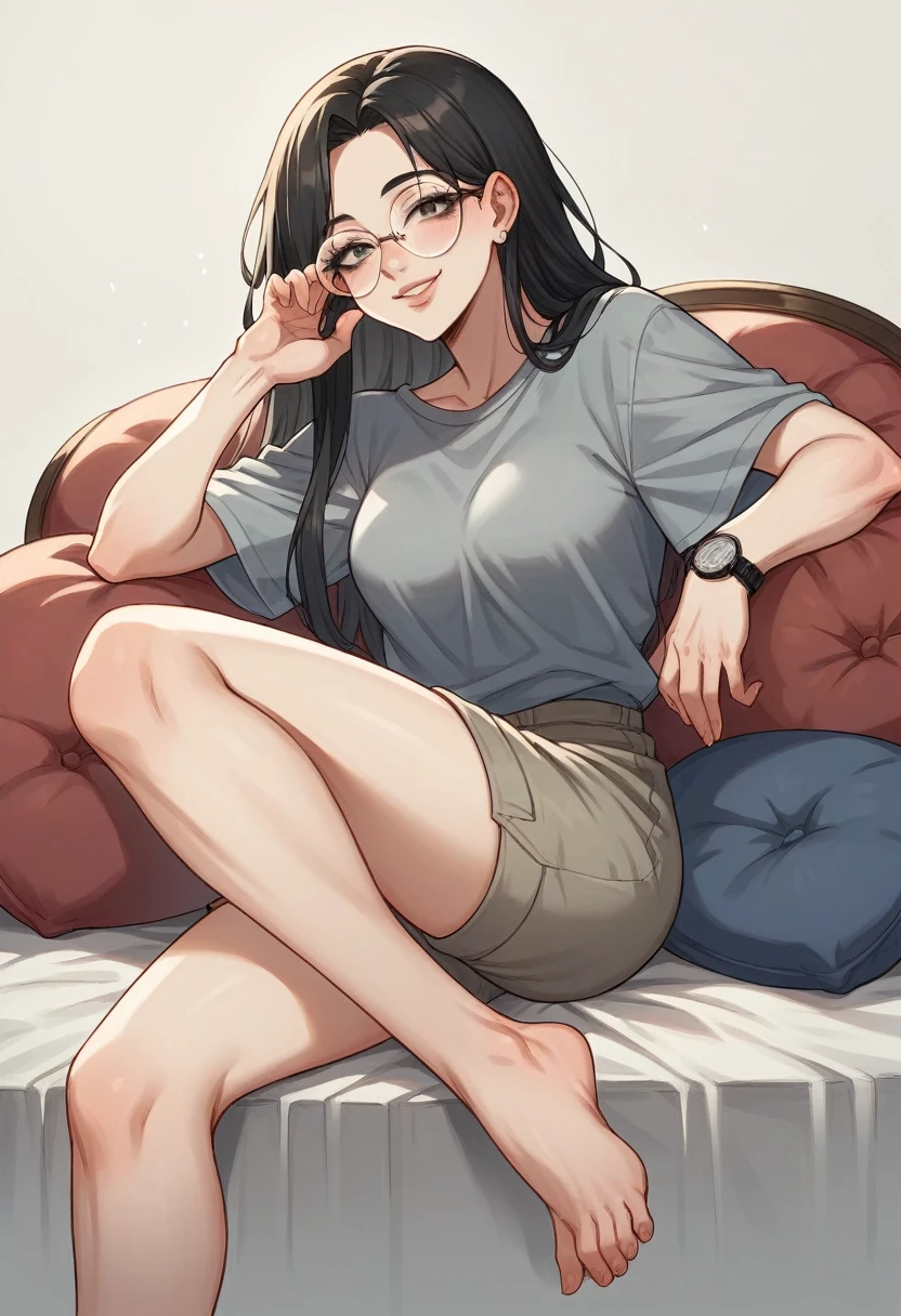 (best quality,4k,8k,highres,masterpiece:1.2),ultra-detailed,(realistic,photorealistic,photo-realistic:1.37),mature woman,cascading long hair,round lens glasses,lingerie,seductive expression,squinted eyes,smile,solo,erotic,intimate,sensual,provocative,voluptuous body,seductive pose,legs spread,soft lighting,chiaroscuro,dramatic shadows,moody atmosphere
