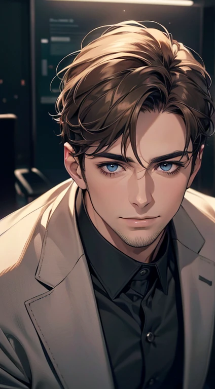 (best quality,4k,8k,highres,masterpiece:1.2),ultra-detailed,(realistic,photorealistic,photo-realistic:1.37),1 man,31 years old,mature man,very handsome,without expression,smile,short grey brown hair,blue eyes,penetrating gaze,perfect face without errors,imposing posture,businessman,office background,cinematic lighting,hdr image