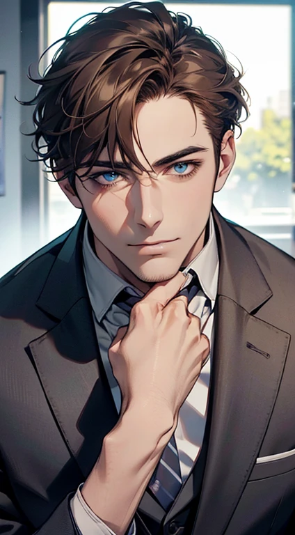 (best quality,4k,8k,highres,masterpiece:1.2),ultra-detailed,(realistic,photorealistic,photo-realistic:1.37),1 man,31 years old,mature man,very handsome,without expression,smile,short grey brown hair,blue eyes,penetrating gaze,perfect face without errors,imposing posture,businessman,office background,cinematic lighting,hdr image