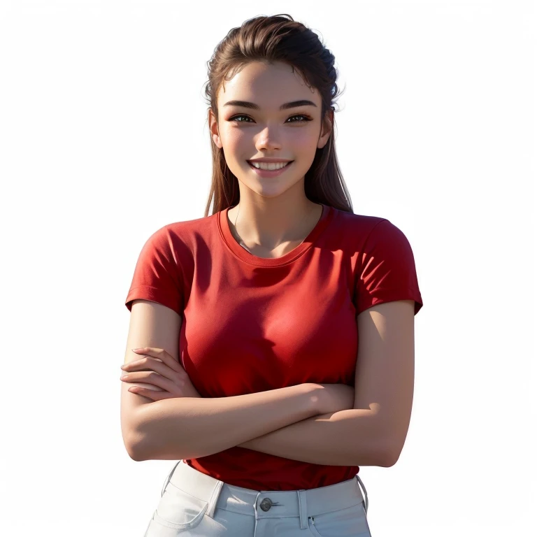 With the same style as the image, Create a 30 year old woman, with arms crossed, smiling and looking at the camera, wearing a red t-shirt, ultra realistic character style, White background
