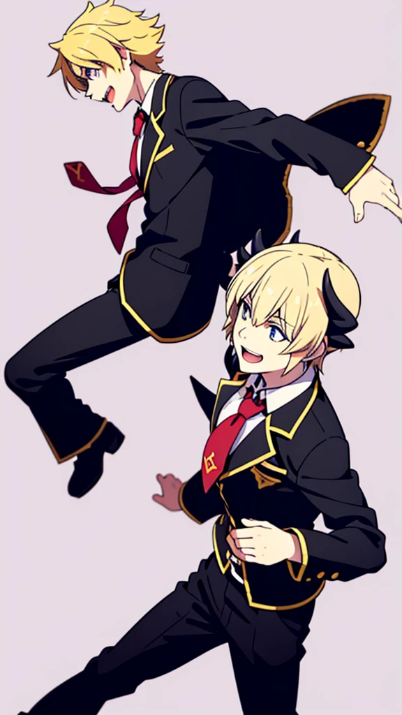 1boy,18s,short hair,blonde hair,smile,solo,(no background, simple background),red necktie,black jacket, blazer,long sleeves,pants,horns,black Blindfold,open mouth,happy,profile