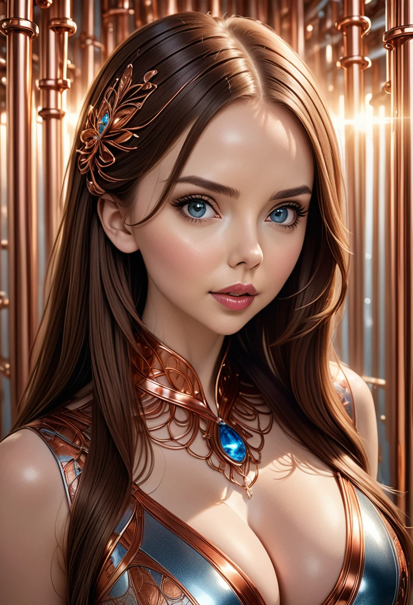 A stunning woman with hair made of intricate copper piping, cascading down like a metallic waterfall. She wears a dress fashioned from delicate, interwoven copper pipes, glinting under the light. Her visage is a mesmerizing blend of Alison Brie, Scarlett Johansson, and Dove Cameron, creating a unique, symmetrical face that exudes elegance and grace. The entire scene is rendered in photorealistic quality, capturing every fine detail with stunning clarity. The overall artwork is a masterpiece, presented in 8K high resolution, showcasing the top-quality craftsmanship and artistic vision.