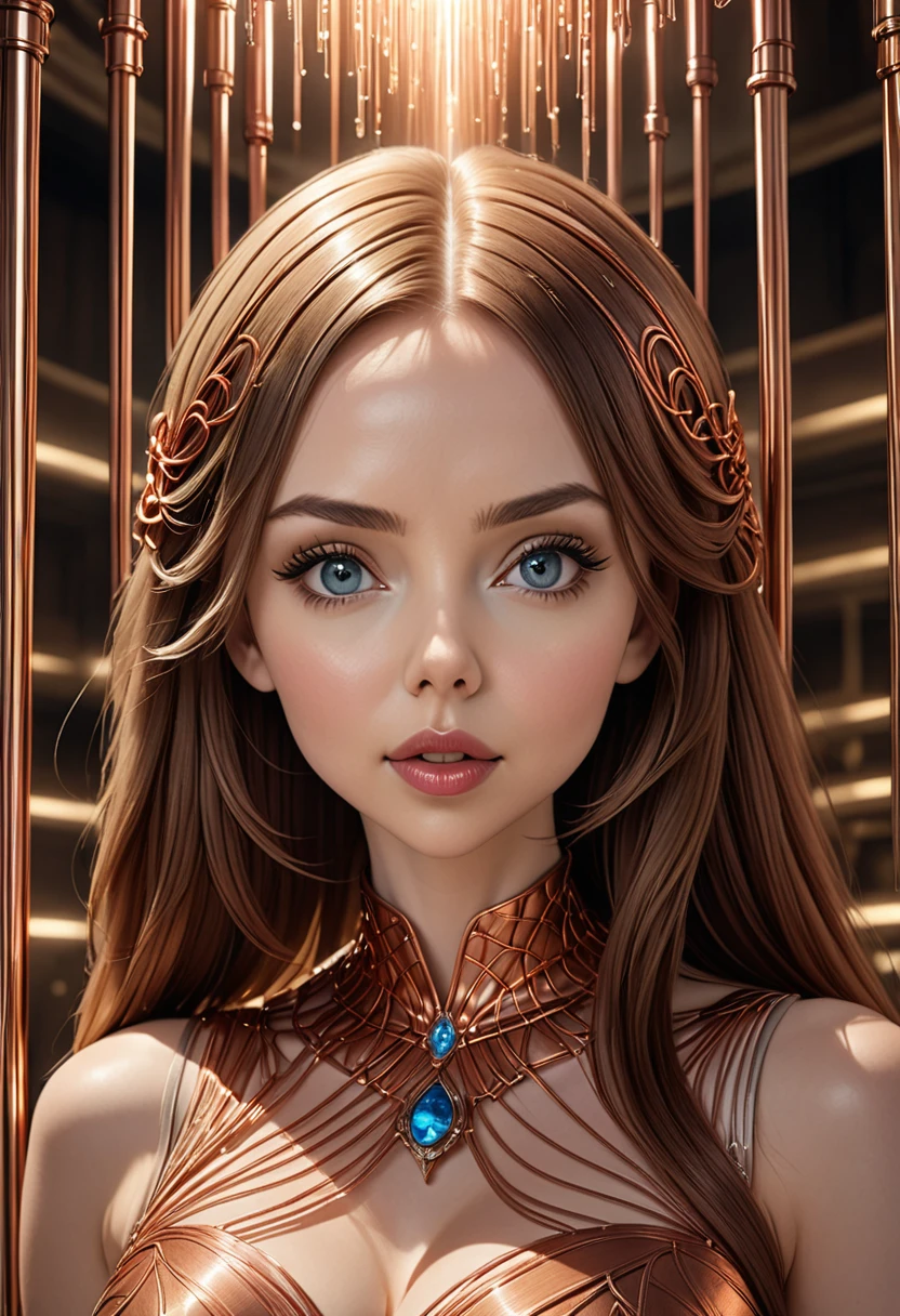 A stunning woman with hair made of intricate copper piping, cascading down like a metallic waterfall. She wears a dress fashioned from delicate, interwoven copper pipes, glinting under the light. Her visage is a mesmerizing blend of Alison Brie, Scarlett Johansson, and Dove Cameron, creating a unique, symmetrical face that exudes elegance and grace. The entire scene is rendered in photorealistic quality, capturing every fine detail with stunning clarity. The overall artwork is a masterpiece, presented in 8K high resolution, showcasing the top-quality craftsmanship and artistic vision.