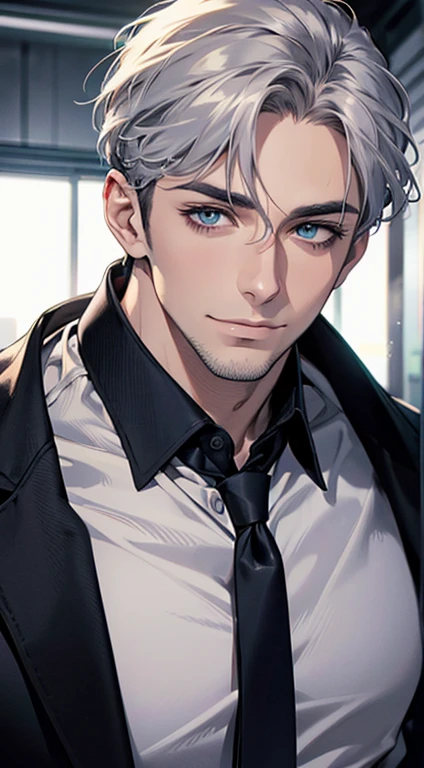 (best quality,4k,8k,highres,masterpiece:1.2),ultra-detailed,(realistic,photorealistic,photo-realistic:1.37),1 man,31 years old,mature man,very handsome,without expression,smile,short grey silver hair,blue eyes,penetrating gaze,perfect face without errors,imposing posture,businessman,office background,cinematic lighting,hdr image