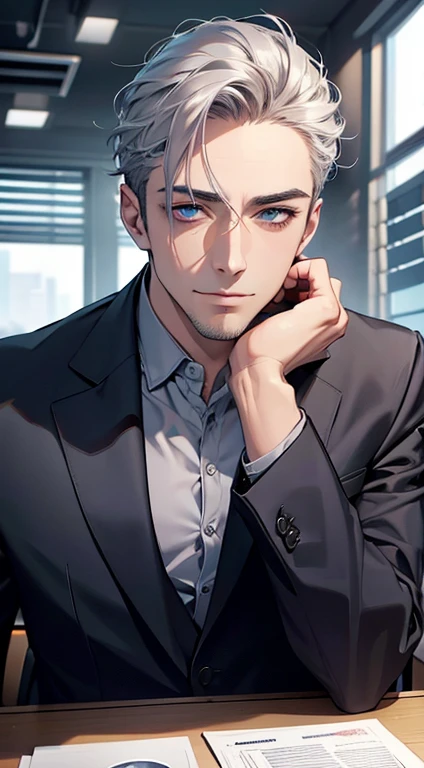 (best quality,4k,8k,highres,masterpiece:1.2),ultra-detailed,(realistic,photorealistic,photo-realistic:1.37),1 man,31 years old,mature man,very handsome,without expression,smile,short grey silver hair,blue eyes,penetrating gaze,perfect face without errors,imposing posture,businessman,office background,cinematic lighting,hdr image