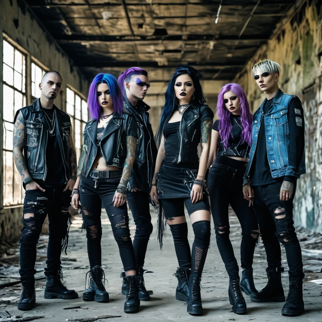 (Masterpiece, 8K, UHD, high resolution: 1.4), realistic photo of 5 members of a nu metal band, (2 women and 3 men: 1.2), (wearing 2000s nu metal style clothing: 1.3), (confident and dynamic pose for promo photo: 1.2), (background of an abandoned and worn-down location: 1.2), (some members with hair dyed blue, purple, or green: 1.2), (elements of alternative fashion and rebellious attitude: 1.3), (dark and industrial atmosphere: 1.3), (realistic and intricate details: 1.2), (elements of music and subculture: 1.2), (captivating and strong perspective: 1.3)
