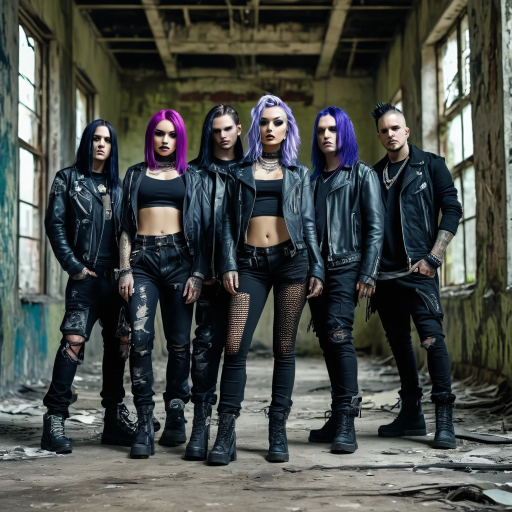 (Masterpiece, 8K, UHD, high resolution: 1.4), realistic photo of 5 members of a nu metal band, (2 women and 3 men: 1.2), (wearing 2000s nu metal style clothing: 1.3), (confident and dynamic pose for promo photo: 1.2), (background of an abandoned and worn-down location: 1.2), (some members with hair dyed blue, purple, or green: 1.2), (elements of alternative fashion and rebellious attitude: 1.3), (dark and industrial atmosphere: 1.3), (realistic and intricate details: 1.2), (elements of music and subculture: 1.2), (captivating and strong perspective: 1.3)