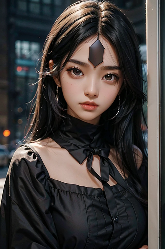 Girl with black hair, brown eyes and dark skin, using a black dress and a black glass on face