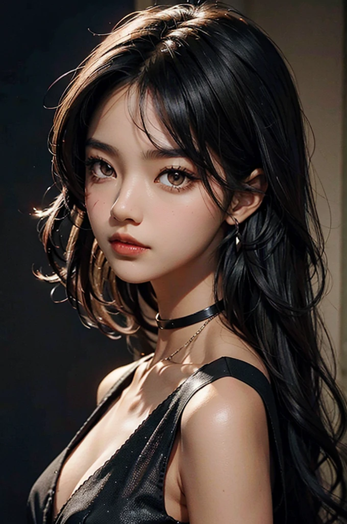 Girl with black hair, brown eyes and dark skin, using a black dress and a black glass on face