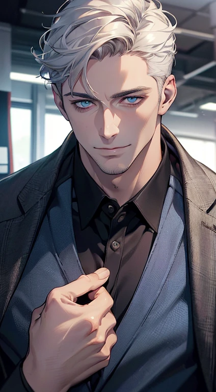 (best quality,4k,8k,highres,masterpiece:1.2),ultra-detailed,(realistic,photorealistic,photo-realistic:1.37),1 man,31 years old,mature man,very handsome,without expression,smile,short white hair,blue eyes,penetrating gaze,perfect face without errors,imposing posture,businessman,office background,cinematic lighting,hdr image