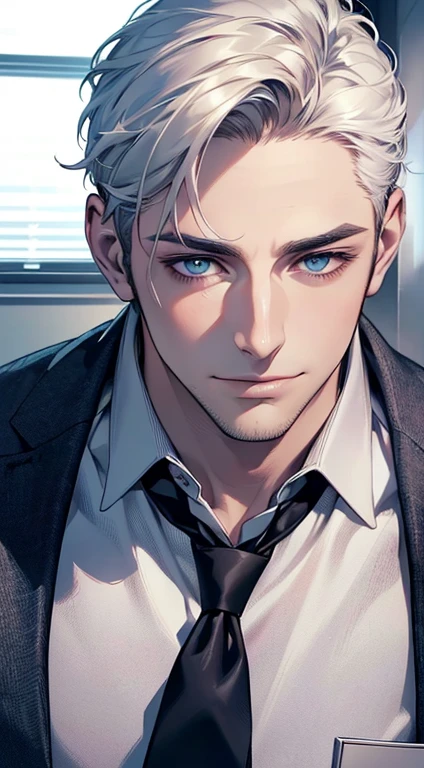 (best quality,4k,8k,highres,masterpiece:1.2),ultra-detailed,(realistic,photorealistic,photo-realistic:1.37),1 man,31 years old,mature man,very handsome,without expression,smile,short white hair,blue eyes,penetrating gaze,perfect face without errors,imposing posture,businessman,office background,cinematic lighting,hdr image