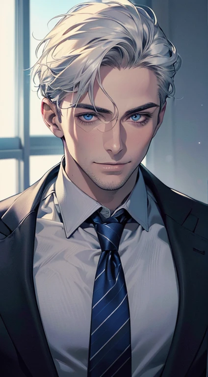 (best quality,4k,8k,highres,masterpiece:1.2),ultra-detailed,(realistic,photorealistic,photo-realistic:1.37),1 man,31 years old,mature man,very handsome,without expression,smile,short white hair,blue eyes,penetrating gaze,perfect face without errors,imposing posture,businessman,office background,cinematic lighting,hdr image