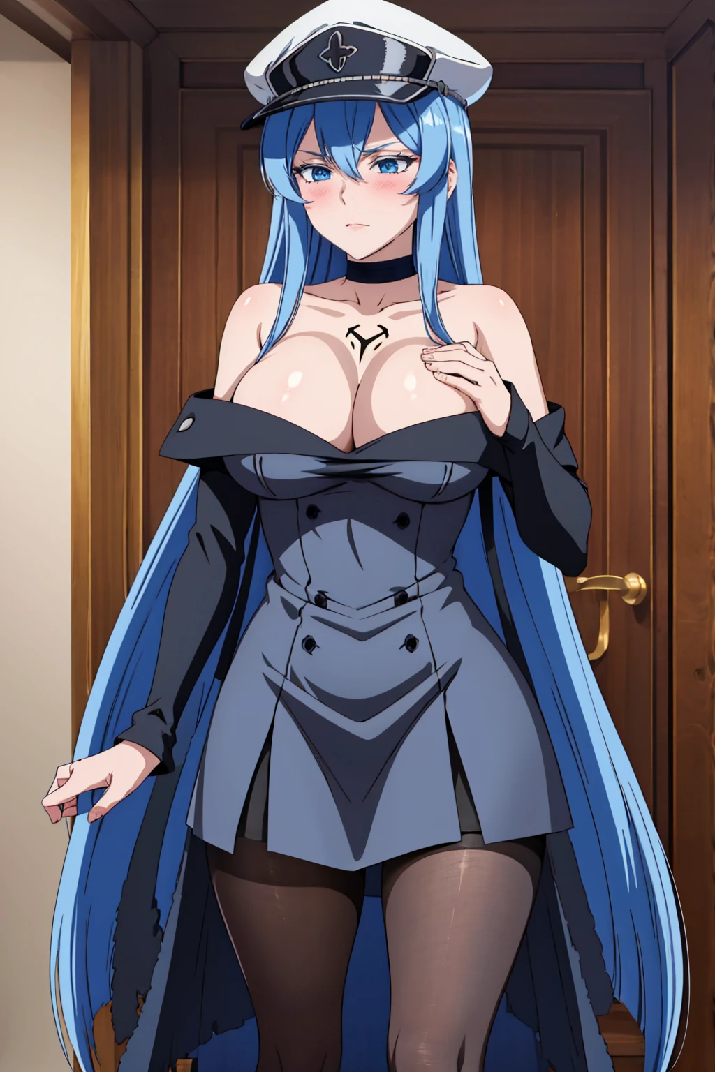 (artwork, best quality) a girl with long blue hair, blue eyes, blue eyelashes, black mini skirt, long black pantyhose, black off shoulder dress, wearing black captain's hat, tattoo, big breasts, perfect body, 4k hd, blushing, embarrassed, in a room