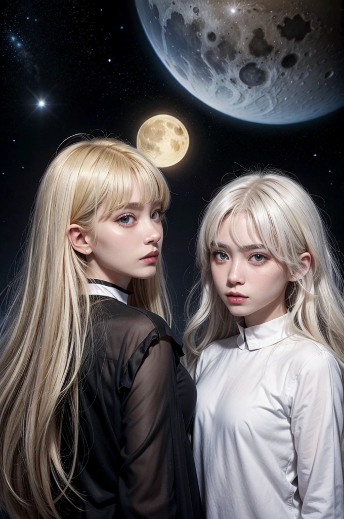black twin sisters, moon and sun, magie, background of a galaxy, one with blonde hair and the other with white hair
