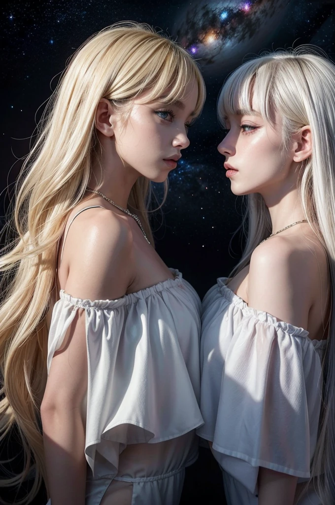 black twin sisters, moon and sun, magie, background of a galaxy, one with blonde hair and the other with white hair