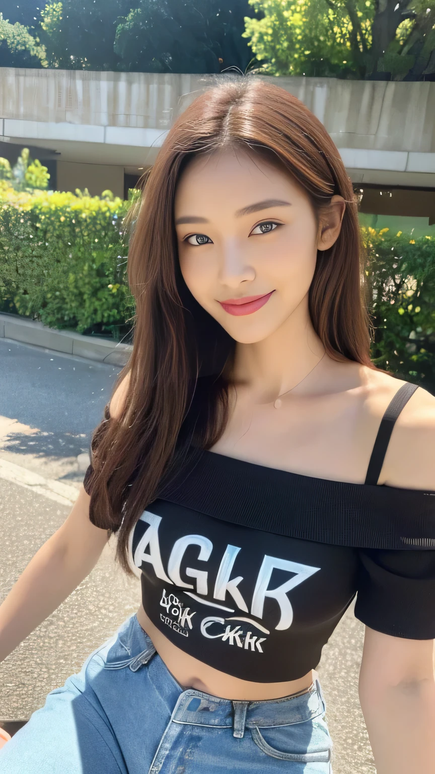 seed:2020674263.((Full body angle:1.1)).((Highest quality, 8K, masterpiece:1.3)), ((from below:1.1)).concentrated:1.2, Perfect body beauty:1.4, Hips:1.2, ((Delicate Hair)), (Colorful off-shoulder cropped T-shirt、Letter print、Slim fit,Shorts :1.1) , ((Highest quality、、masterpiece:1.3))、1 Girl、A sloppy smile、Esbian all over、Slim face、Big Boobs、Beautiful woman、(Dark Brown Hair)、Long Hair、1、Flickering Valley、Detailed eyes、double eyelid、Blurred Background、超Slim face、Smile、Looking down、stroll