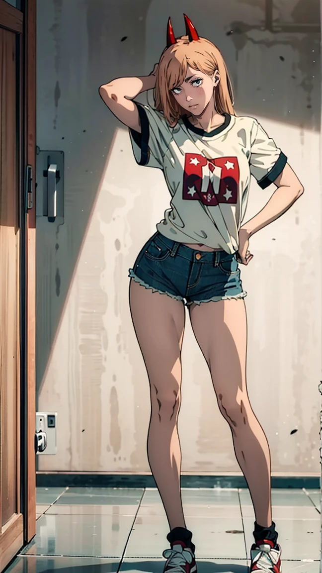Ultra-sharp image, comely figure, comely, longitude total (full body 1.1.), fine legs, Buttocks, vespa waist, erotism, pose sexy, Mouth open in a smile., sharped teeth, Laught, yellow eyes, ultra detailded face, Ultratransparente, Chainsaw human power, Two sharp red horns on the head., Ultra-sharp image, very comely, long, bionde, comely figure, tight clothing, T-shirt with cat image., Shorts jeans, shoe, Red crosses and circles instead of students., Cuerpo comely, sensual clothes, comelys olhos, very detailded eyes, Very detailded face, Cuerpo comely, Cheerter Design, Very detailded, detailded body, detailded hands, detailded, Ablaze, detailded Face, sharp focus, clap, art germ, animated art, Ablaze, detailded Face, Hugo Details, sharp focus, Very haggard face, detailded eyes, super adorable illustration, best shade, fine-details, comely detail