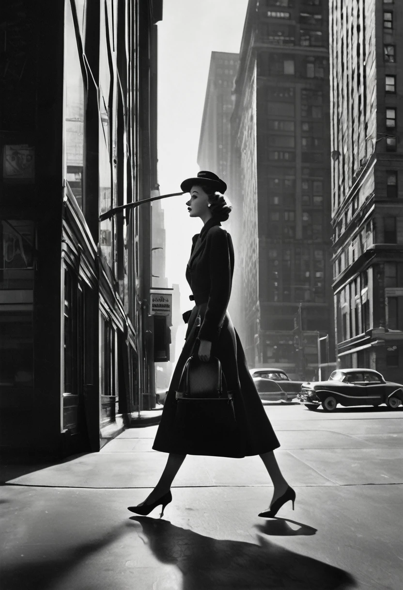 Realistic image of a 1950s girl walking down a New York street, looking in the windows. Men pass by her and watch her. Style of the time, black andwhite, film noir, analog, hyperrealisti, Cinematic.