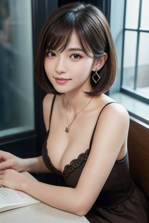 girl, White skin, ((Dark brown short tiered hair)), V cut with layers and bangs, Brown eyes, Soft atmosphere characteristics (Highest quality, Ultra-high resolution, 8K, RAW Photos, Ultra-high resolution: 1.2, masterpiece: 1.3), (Realistic, Realistic: 1.37), Very detailed, Professional Lighting, Photon Mapping, Radio City, 物理ベースレンダring, One Girl, (high school girl), Sharp focus:1.2、Beautiful woman:1.4,cute, Nice, Adorable smile, Normal chest, Cross Necklace、Earrings、ring,Selfie,(Cleavage)、((Dark brown short hair), (Night Cafe, Window seat, Calm atmosphere, Black dress, Reading, Quiet look)
