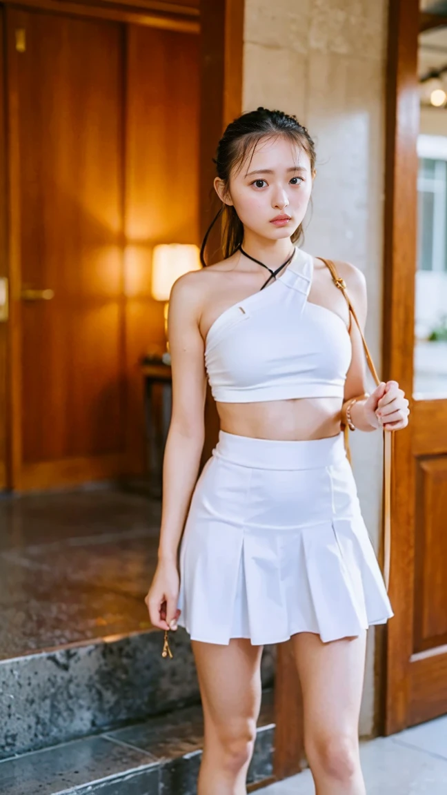 (((Big Breasts:1.52)))、((Viewing angle from below、Highest quality、masterpiece、32k、Every detail))、Descend the outdoor stairs、commute、Systemic symptoms、Very loose camisole、Pleated skirt、(((A strong wind blows my hair and skirt away:1.62)))、((Shoulder strap can be worn diagonally:1.83))((Extremely precise and accurate anatomy:1.0)), (photo Realistic:1.4), (hyper Realistic:1.4), (Highest qualityのRealisticな肌の質感:1.4), (Improvement of quality:1.4), (Enhances the beauty of skin texture:1.1), Clean and glowing skin, mesh, thin:1.2, (Realistic:1.3), Realisticなライティング, (Smoother lighting:1.05), (Improving the quality of cinema lighting:0.9), Backlight, A gentle light on your face, Ray Tracing, (Bright light:1.2), 32k, One Japanese woman, fine grain, Detailed face, (Film Grain:1.1),(Accentuates body lines:1.1), High resolution, Natural look, Kind eyes, Improves hair quality, Delicate light and shadow, 、One Girl, alone、(((mini skirt, No underwear:1.22)))、Big Breasts、barefoot, High heels