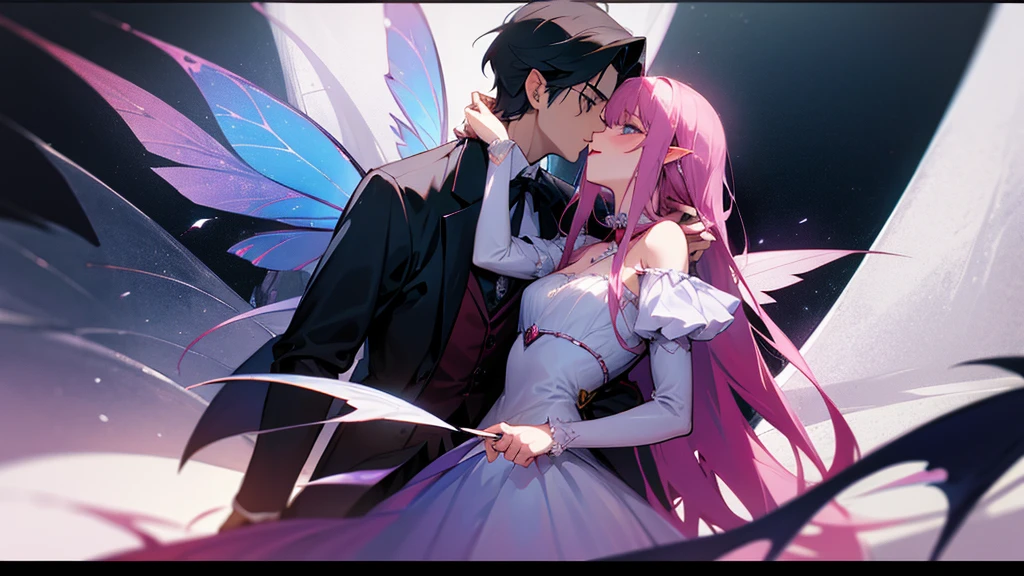 young man, twink, (((male))), (((man))), (((very light blonde hair))), (((pink colored eyes))), (medium short hair), (chin-length hair), wavy hair, slim body, ((flat chest)), (((fantasy style))), (((wearing flowers in his hair))), flowercrown, ((pointy ears)), (((light pink colored eyes))), smooth skin, bare legs, (((wearing only a loose piece of fabric))), (((body covered in loose transparent fabric))), ((white colored fabric)), (((transparent fabric))), (hugging a taller man with black colored hair wearing a suit)